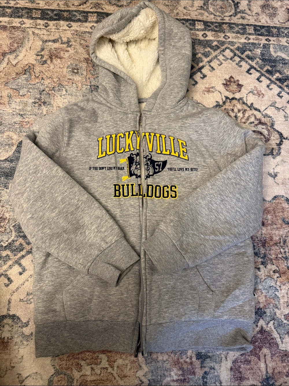 Kids size 7/8 Grey Luckyville Bulldogs Sherpa-Lined Hoodie Jacket